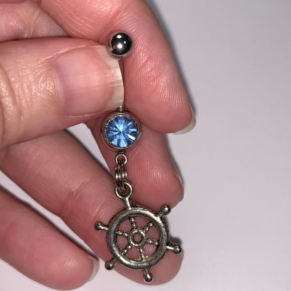 Light Blue Gem Nautical Wheel Design Dangle Belly Ring - Picture 1 of 6